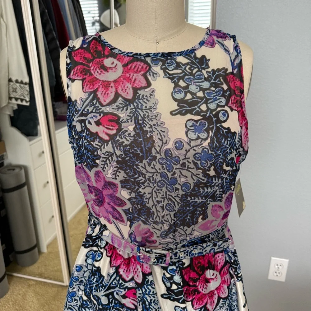 Floral Sleeveless Dress with Pink and Blue Accents